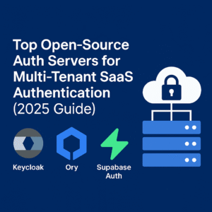 Graphic illustration showing top open-source auth servers—Keycloak, Ory, and Supabase Auth—for secure multi-tenant SaaS authentication in 2025