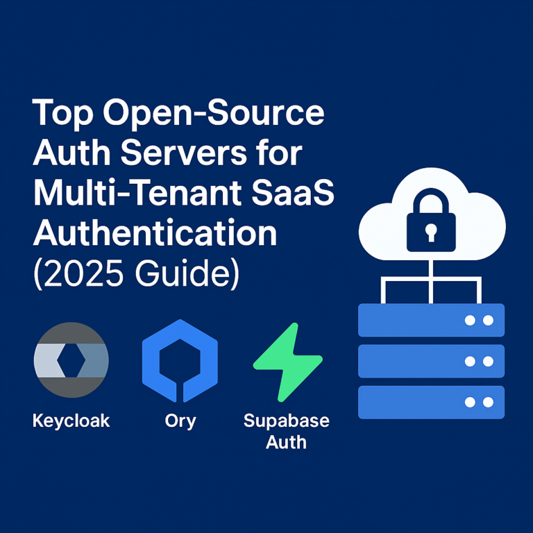 Graphic illustration showing top open-source auth servers—Keycloak, Ory, and Supabase Auth—for secure multi-tenant SaaS authentication in 2025