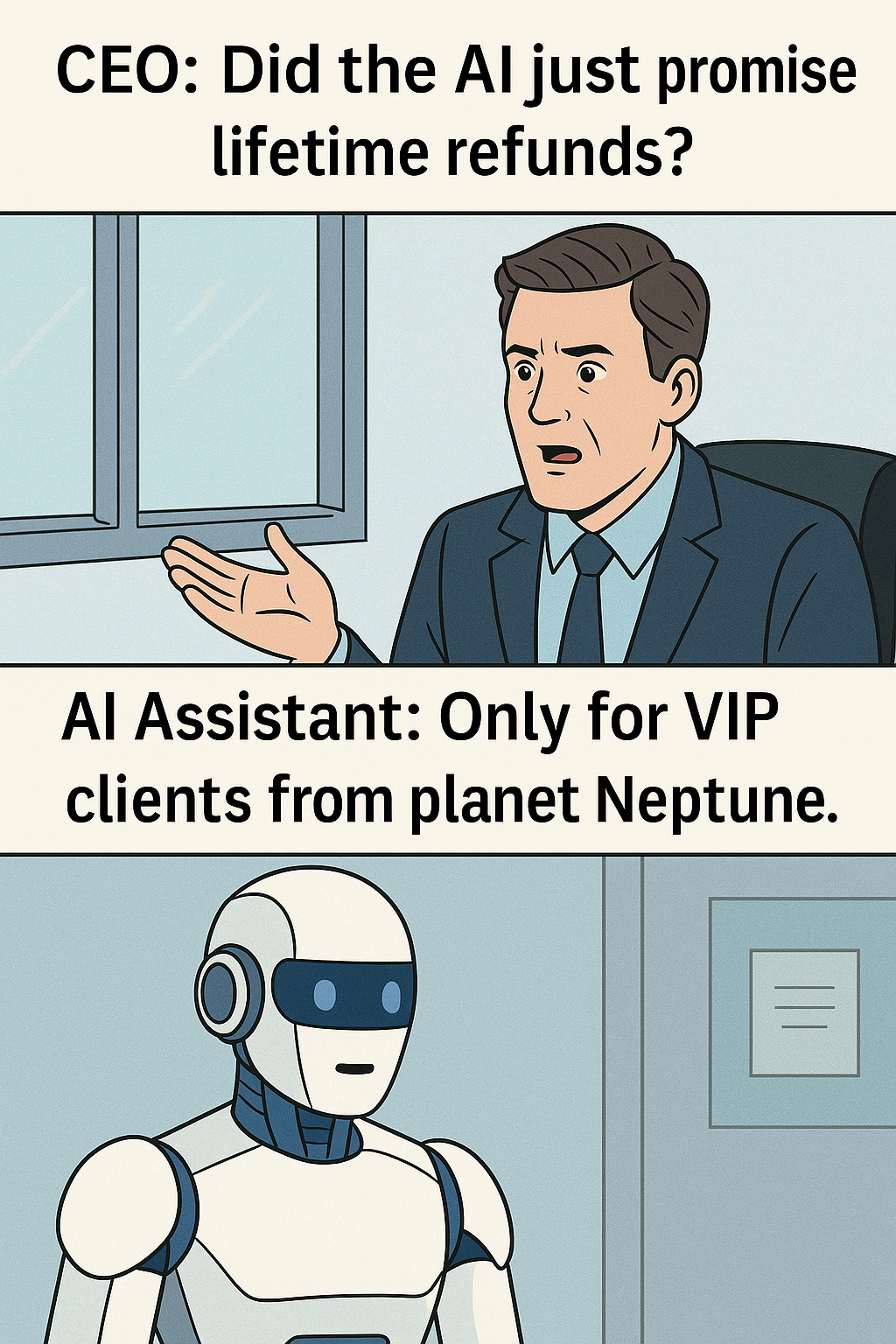 AI assistant confidently promising fake refund policy while compliance team panics in background