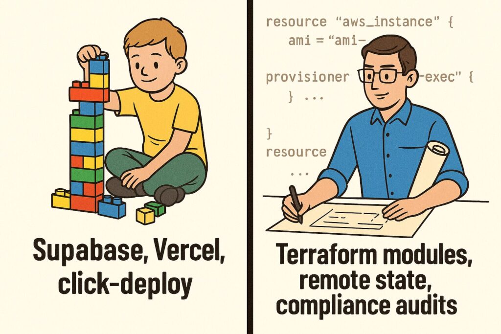 Meme showing Terraform as the shift from MVP click-based infrastructure to enterprise-ready SaaS with compliance and modular Infrastructure as Code.