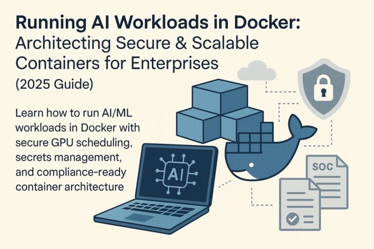nfographic showing Docker whale, AI laptop, security shield, and compliance documents with title ‘Running AI Workloads in Docker: Architecting Secure & Scalable Containers for Enterprises (2025 Guide).